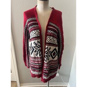 Mossimo Supply Co Women XS Open Front Cardigan Red Black Aztec Southwestern Knit